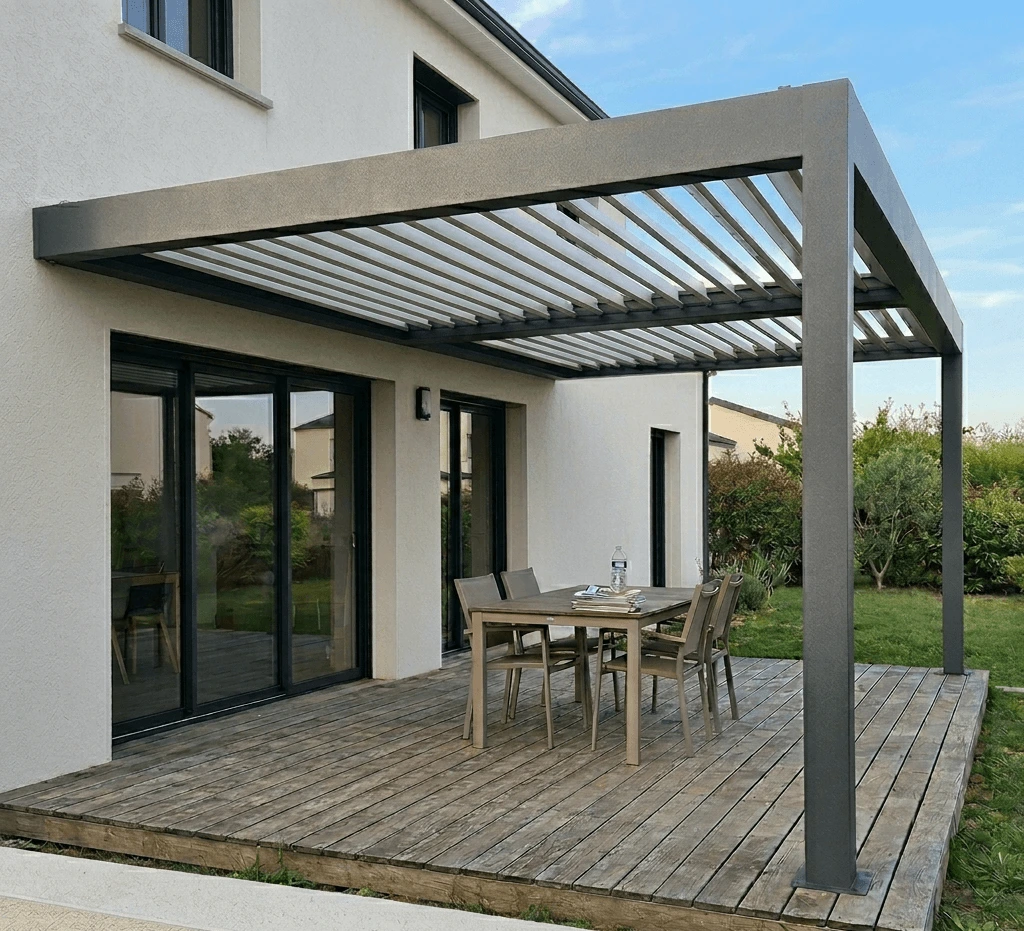 Pergola bioclimatique en aluminium sur mesure : profitez de votre terrasse en toute saison grâce aux lames orientables motorisées. Devis gratuit en ligne.