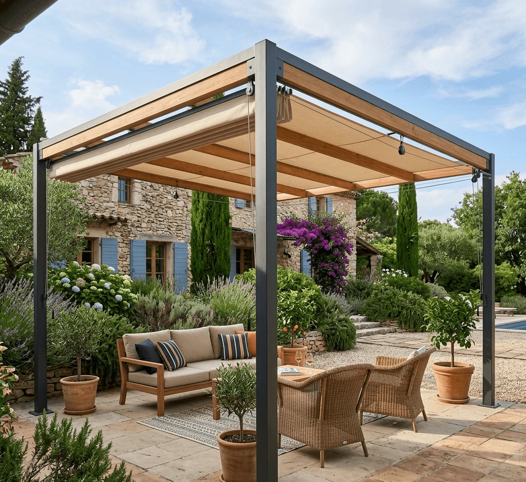 Pergola à toile tendue et enroulable : une protection solaire élégante et modulable pour votre jardin. Toile haute résistance et design moderne sur mesure