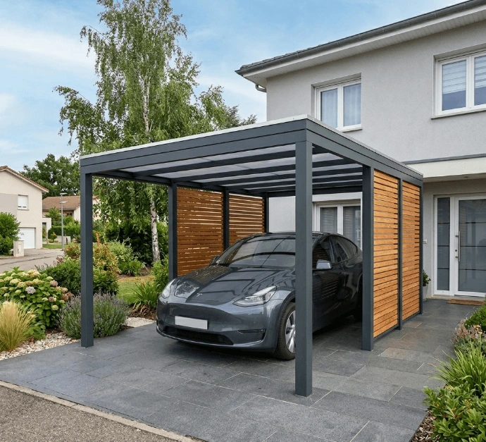 Carport Solaire Bois Décines : Abris voiture photovoltaïque design, structure bois autoclave, production d'électricité propre et recharge VE. Solution durable pour votre maison en Auvergne-Rhône-Alpes.