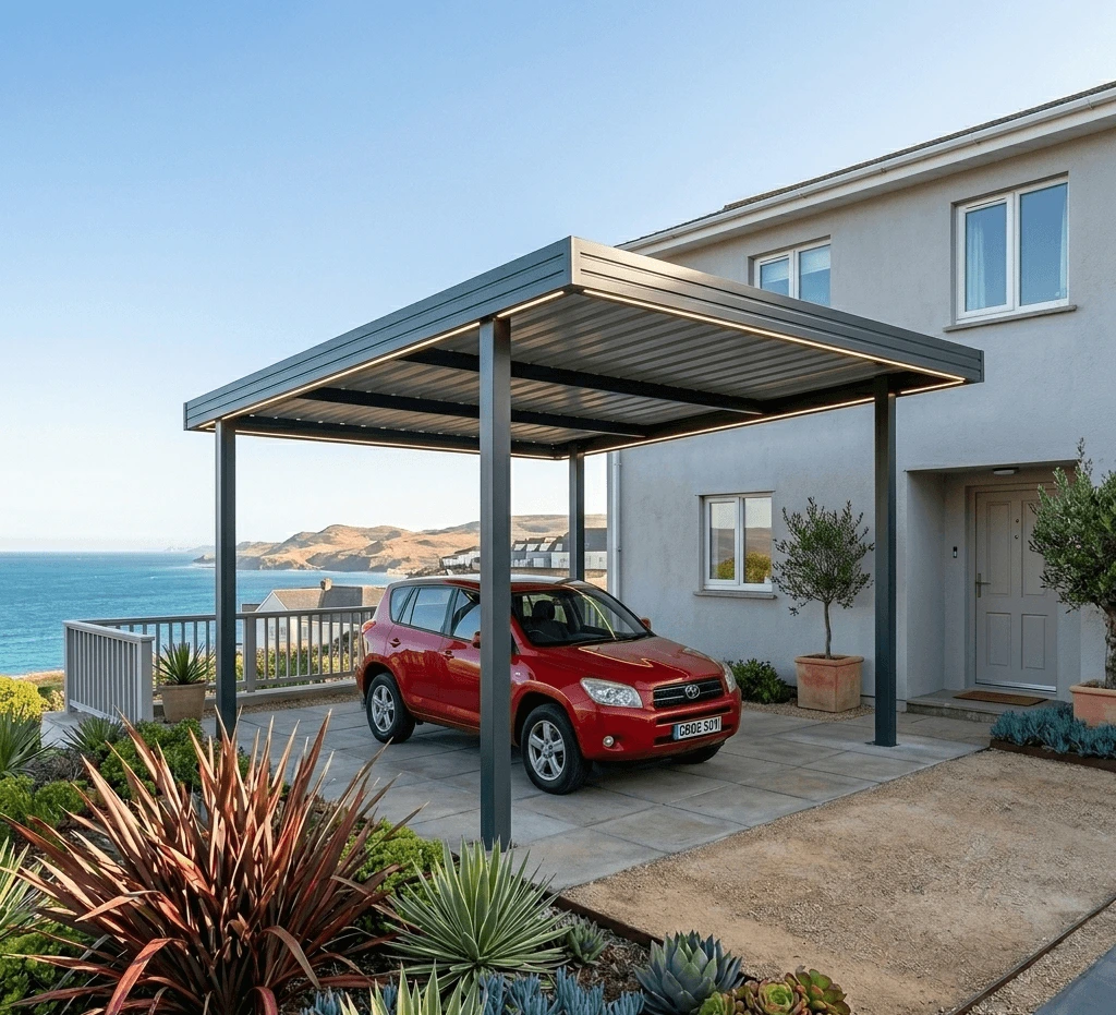 Carport Design Alu Décines-Charpieu : Installation d'un carport moderne avec claustra bois et éclairage LED pour une Tesla Model Y. Abris voiture sécurisé et esthétique, plaque AB-123-CD. Contactez-nous.