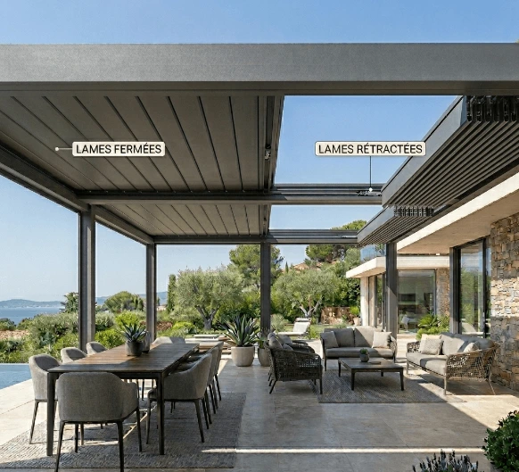 Pergola bioclimatique toile motorisée permettant d'ouvrir ou de fermer la couverture selon la météo pour un confort optimal et une protection solaire performante.