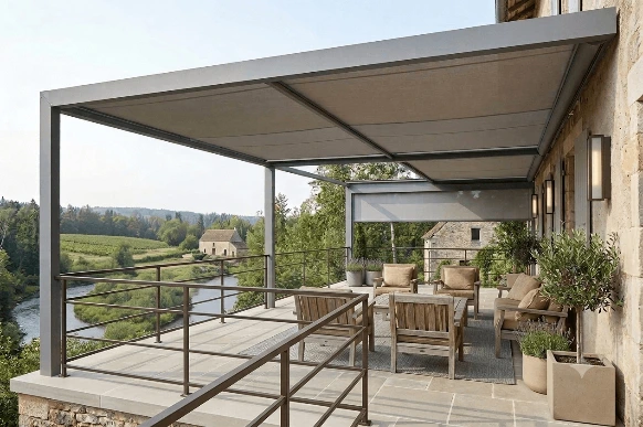 Pergola à toile rétractable haut de gamme fabriquée sur mesure pour créer un espace extérieur esthétique, résistant et parfaitement adapté à votre habitation.