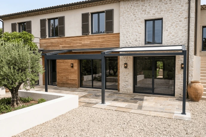 Pergola bioclimatique aluminium équipée de lames rétractables orientables pour réguler la lumière, améliorer le confort thermique et valoriser votre extérieur.