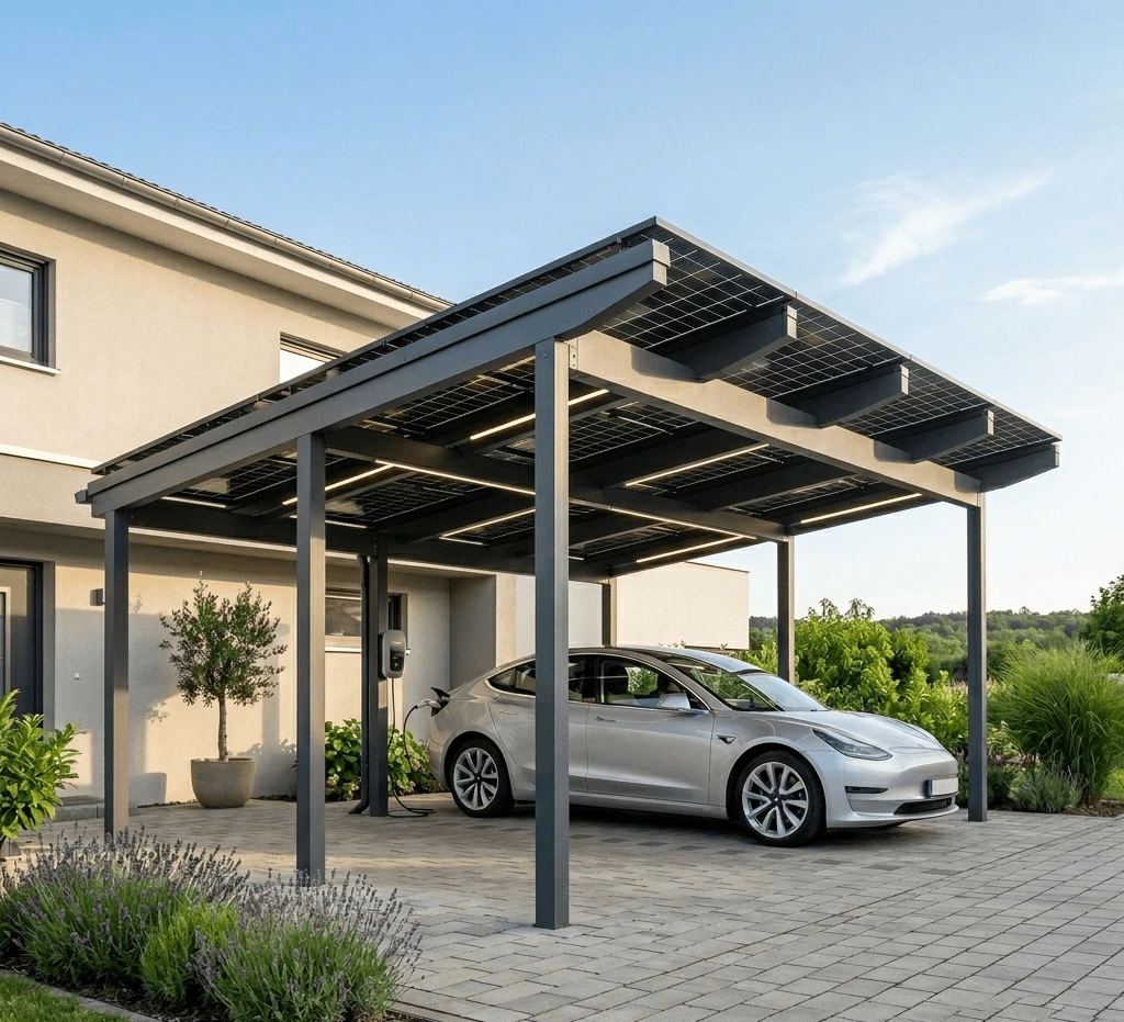Carport solaire haute performance : structure photovoltaïque innovante permettant de produire une énergie verte, réduire les coûts d'électricité et valoriser votre patrimoine.
