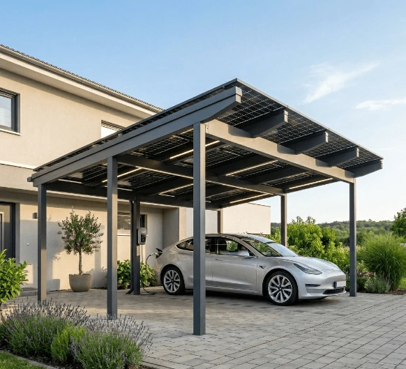 Carport solaire photovoltaïque : installation de carport solaire avec panneaux photovoltaïques pour produire de l'électricité, protéger votre véhicule et réduire votre facture énergétique.