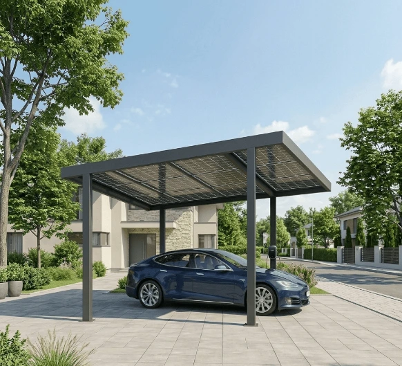 Carport solaire en aluminium : structure robuste en aluminium équipée de panneaux solaires photovoltaïques pour optimiser votre autoconsommation énergétique.