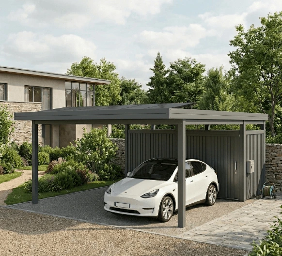 Carport solaire résidentiel : abri photovoltaïque conçu pour protéger votre véhicule des intempéries tout en générant une énergie solaire propre et économique.