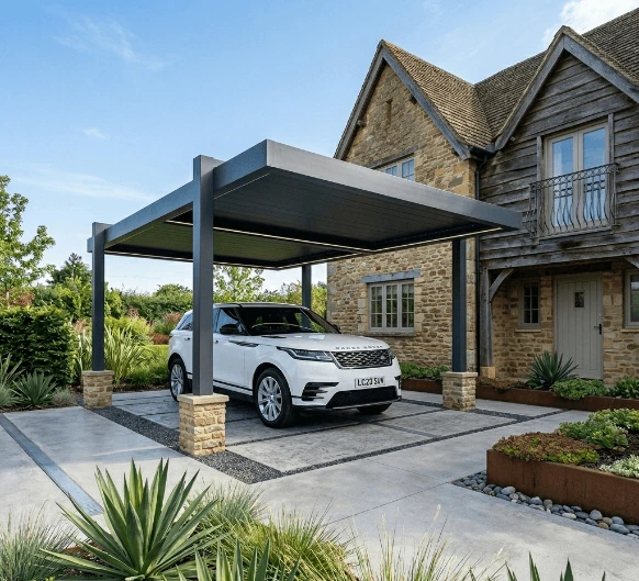 Carport aluminium sur mesure équipé de stores verticaux à lames rétractables pour protéger votre voiture tout en améliorant le confort et l'esthétique de votre extérieur.