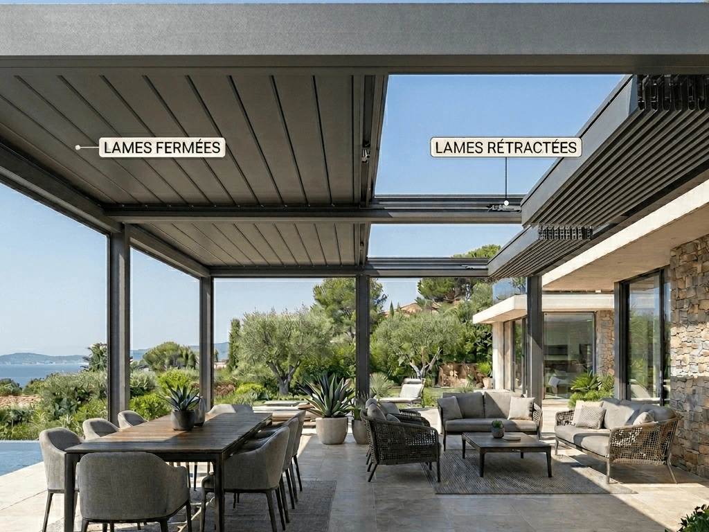 Pergola à lames rétractables Pergola à lames rétractables en aluminium : libérez le toit pour une luminosité maximale en hiver et une ombre parfaite en été. Configurez votre projet.